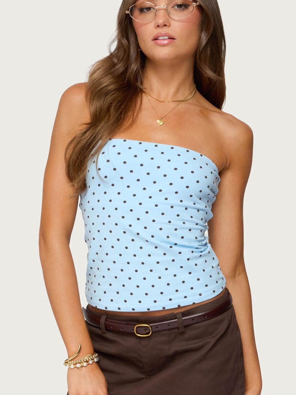 Edikted Light Blue Polka Dot Strapless Crop Top